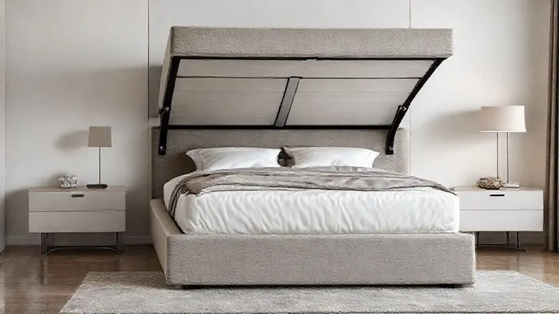 Renderização de quarto moderno com uma cama box king size aberta, mostrando o amplo espaço interno do baú para armazenamento.