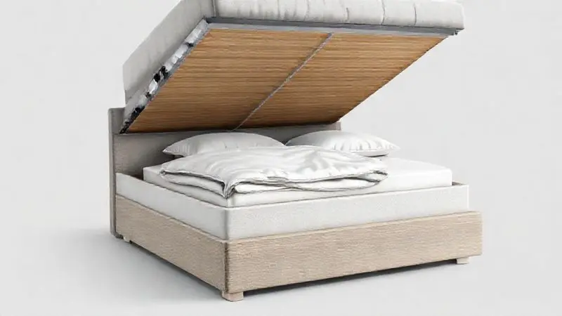 Ilustração de corte mostrando o compartimento de armazenamento (baú) de uma cama box solteiro.