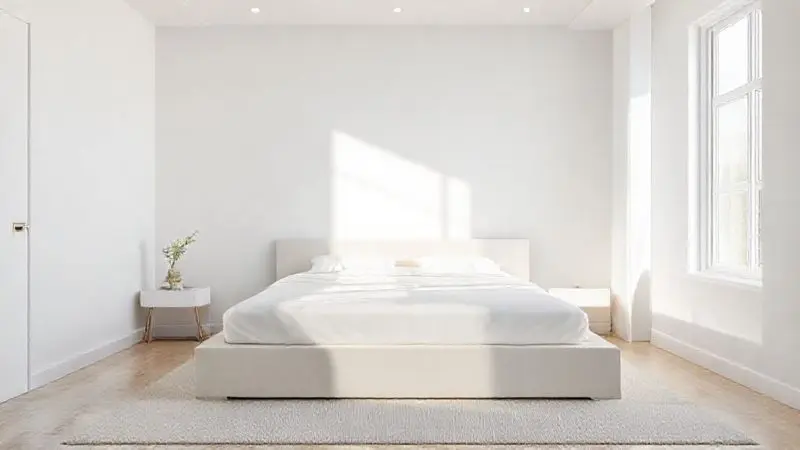 Quarto minimalista moderno com uma cama box de perfil baixo, realçando a sensação de amplitude e espaço.