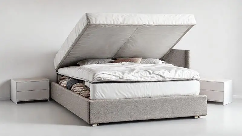 Renderização de uma cama box King com baú aberto, mostrando o espaço interno para guardar roupas e otimizar o quarto.