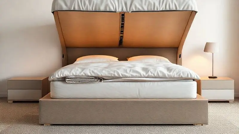 Renderização 3D de uma cama box queen com baú aberto, mostrando o amplo espaço de armazenamento interno.