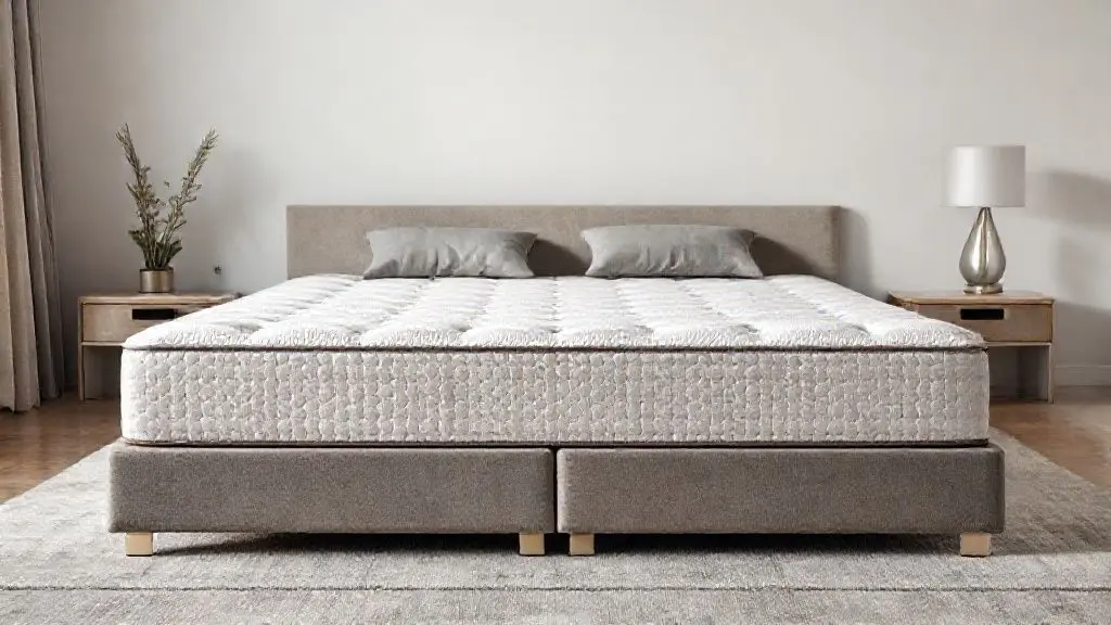 Cama box queen de luxo com colchão de molas ensacadas e cabeceira moderna, em um quarto elegante com iluminação suave.