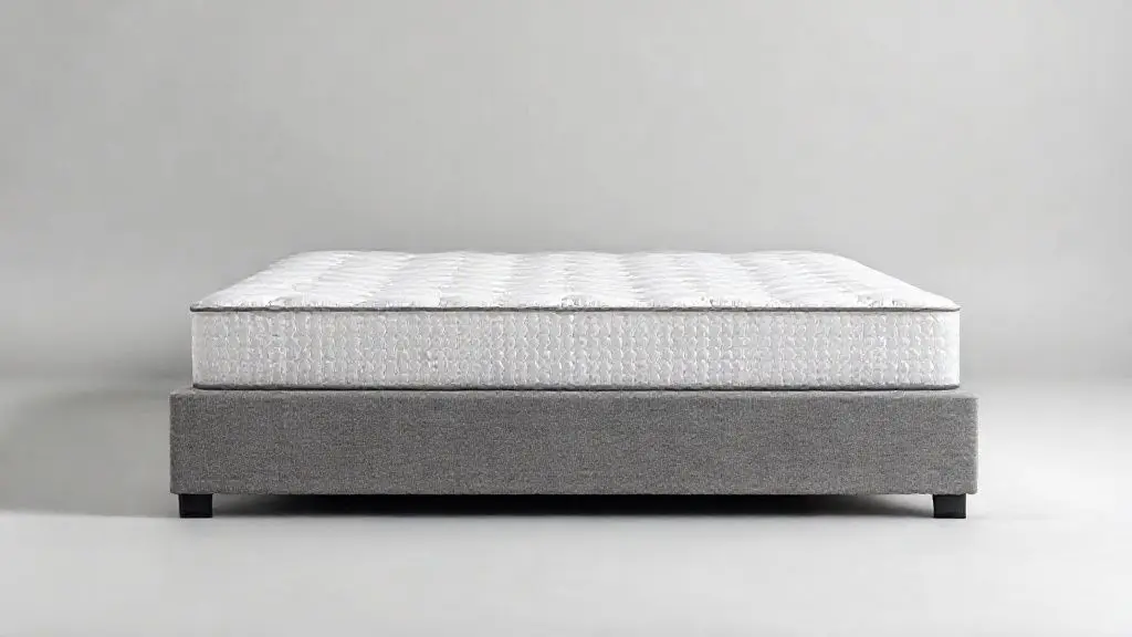 Cama box solteiro moderna com colchão branco e base de tecido cinza em estúdio minimalista.