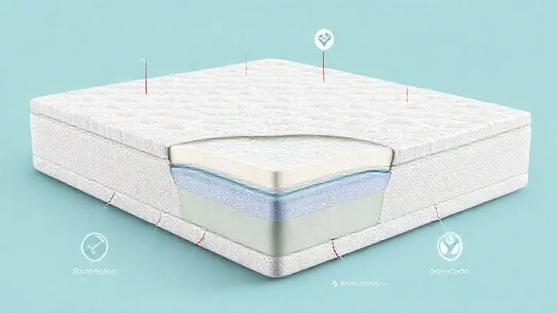 Ilustração 3D em corte de um colchão mostrando camadas internas e símbolos de qualidade e durabilidade.