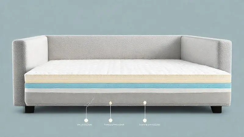 Ilustração conceitual da seção transversal de um colchão de sofá-cama, mostrando camadas de espuma de diferentes densidades para conforto.