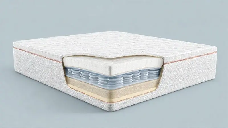 Ilustração 3D mostrando as camadas internas de um colchão, destacando molas ensacadas e espuma de alta densidade para suporte de peso.