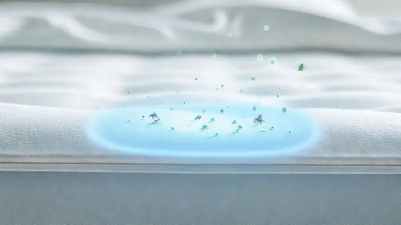 Ilustração conceitual de uma barreira protetora em um colchão contra ácaros e mofo, simbolizando o tratamento antiácaro.