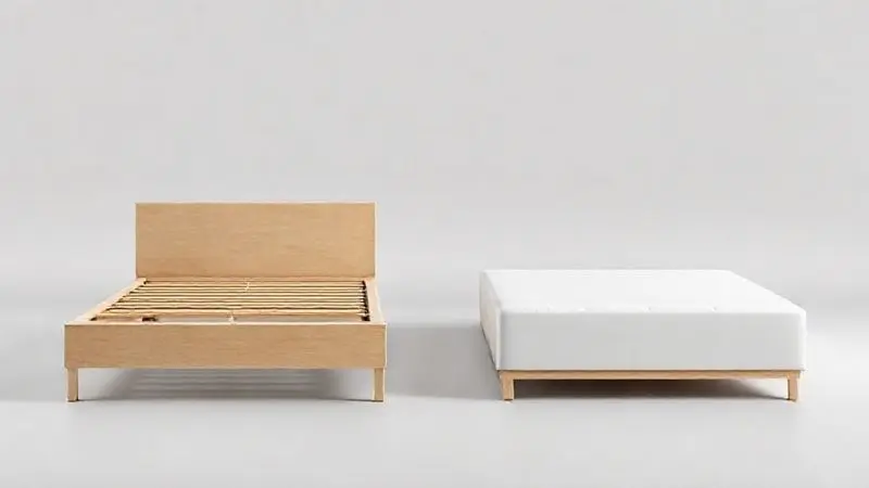 Ilustração comparativa entre uma cama tradicional com estrado e uma cama box moderna.