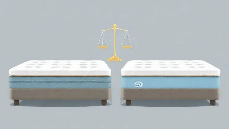 Ilustração conceitual de duas camas lado a lado com um elemento gráfico sutil de comparação, representando a escolha entre marcas.