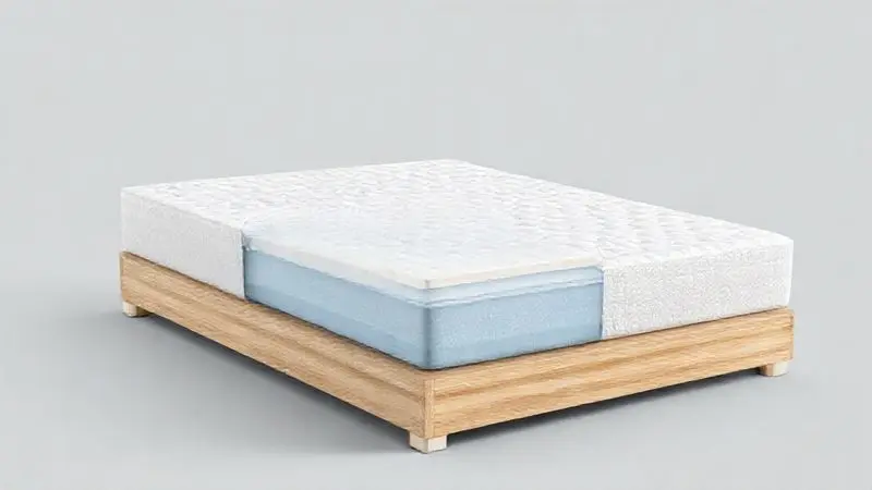 Ilustração 3D conceitual de um corte transversal de colchão e base, mostrando molas ensacadas, espuma e estrutura de madeira.