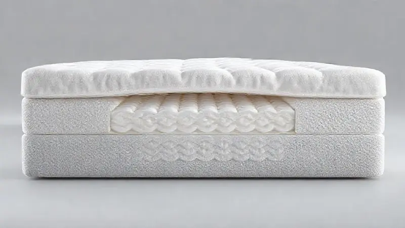 Corte transversal 3D de um colchão, ilustrando as diferentes camadas de espuma e molas ensacadas.