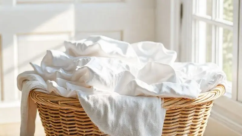 Ilustração digital realista de um cesto de lavanderia cheio de roupa de cama limpa e dobrada, simbolizando cuidados e durabilidade.