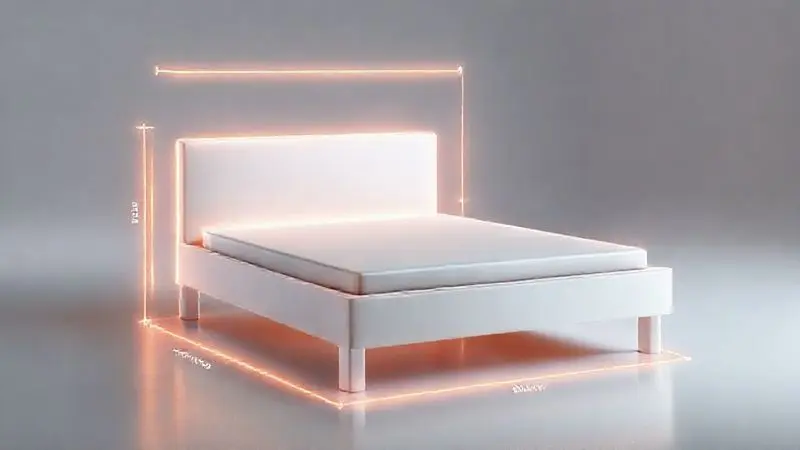 Ilustração 3D mostrando as dimensões e medidas ideais para uma cama box casal.