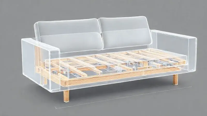 Renderização estilo raio-X da estrutura interna de um sofá-cama, destacando as partes de madeira e metal para durabilidade.