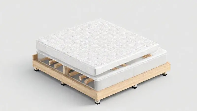 Ilustração 3D da estrutura interna de uma cama box moderna, mostrando a base de madeira e molas de suporte.