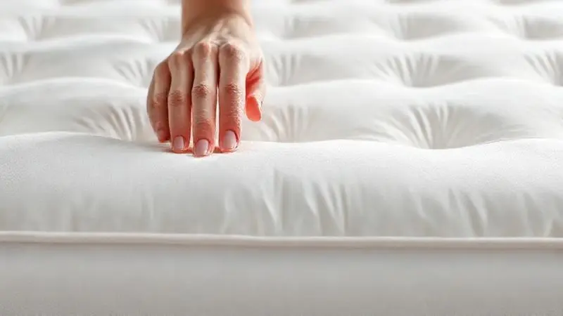 Close-up realista de uma mão tocando um colchão com pillow top, ilustrando a maciez e o conforto extra.