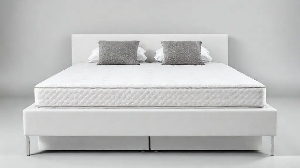 Cama box queen size com colchão de luxo, base moderna, lençóis brancos e iluminação de estúdio profissional.