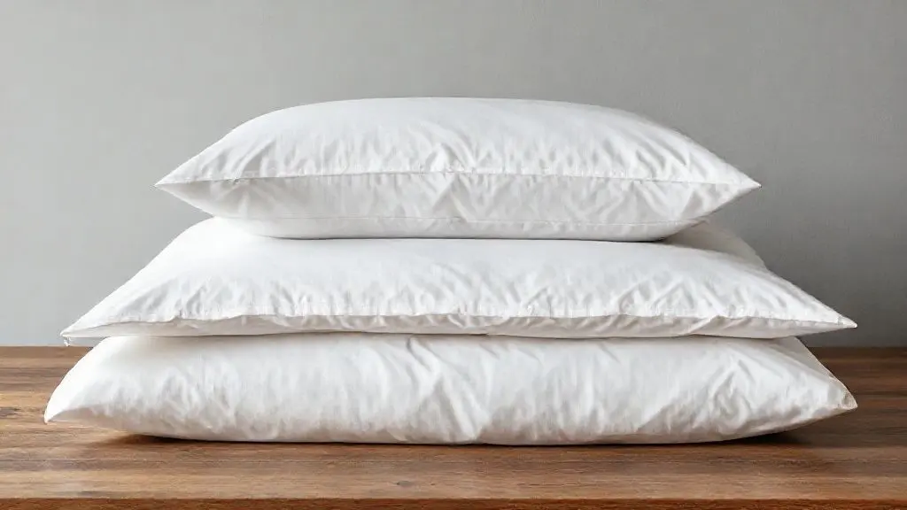 Fotografia profissional de uma pilha de roupa de cama branca de algodão de luxo, incluindo capa de edredom e travesseiros, em um estúdio minimalista.