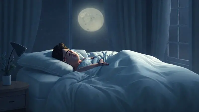 Ilustração de uma pessoa dormindo profundamente em uma cama box de alta qualidade, transmitindo conforto e sono reparador.