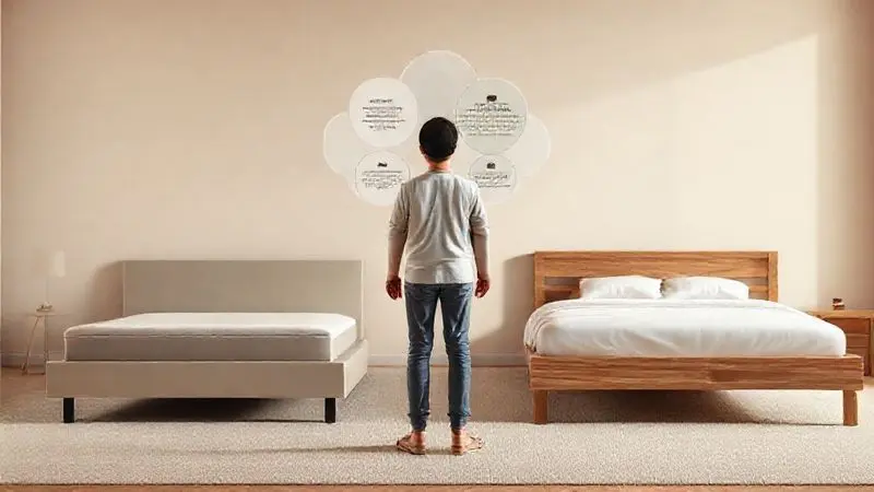 Ilustração de uma pessoa analisando critérios para escolher entre uma cama box e uma cama com estrutura tradicional.