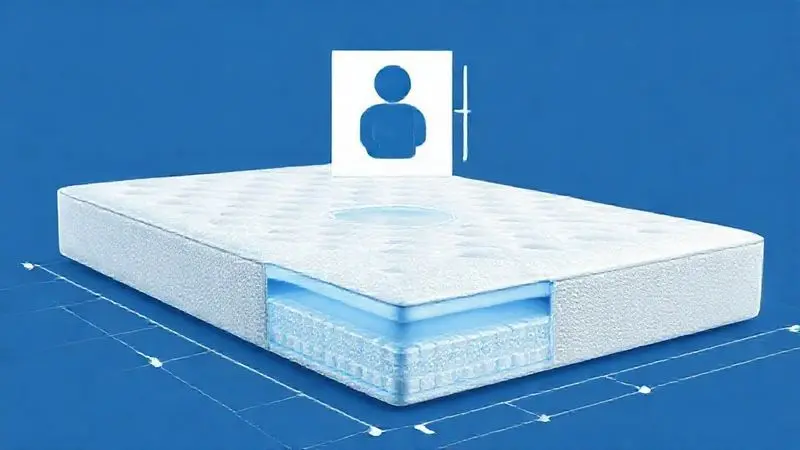 Ilustração técnica de colchão sob teste de peso, destacando a resistência da espuma e da estrutura de suporte.