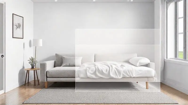 Ilustração digital de um sofá-cama compacto otimizando o espaço em uma sala de estar pequena e moderna.