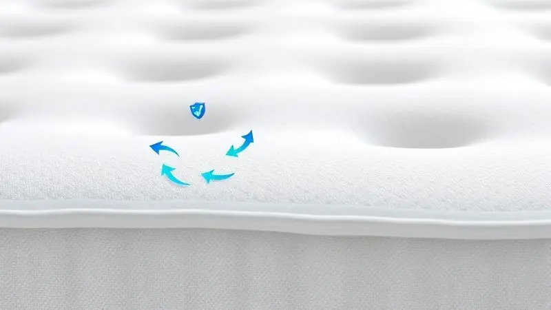 Renderização macro de tecido de colchão, mostrando microventilação e tratamento inteligente respirável e anti-ácaro.