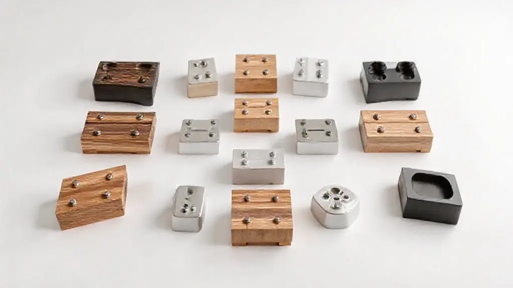 Variedade de pés modernos de madeira, metal e plástico para cama box, em estúdio com iluminação profissional.