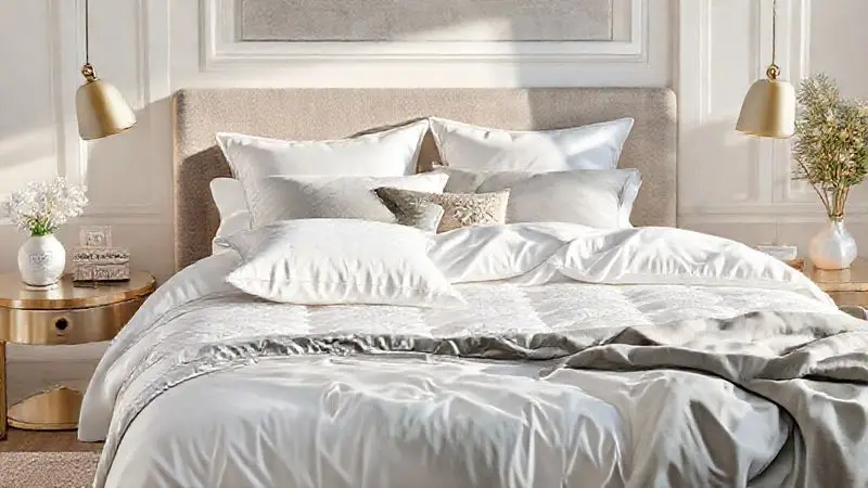 Ilustração 3D de acessórios para cama e complementos de dormir em ambiente de quarto bem decorado