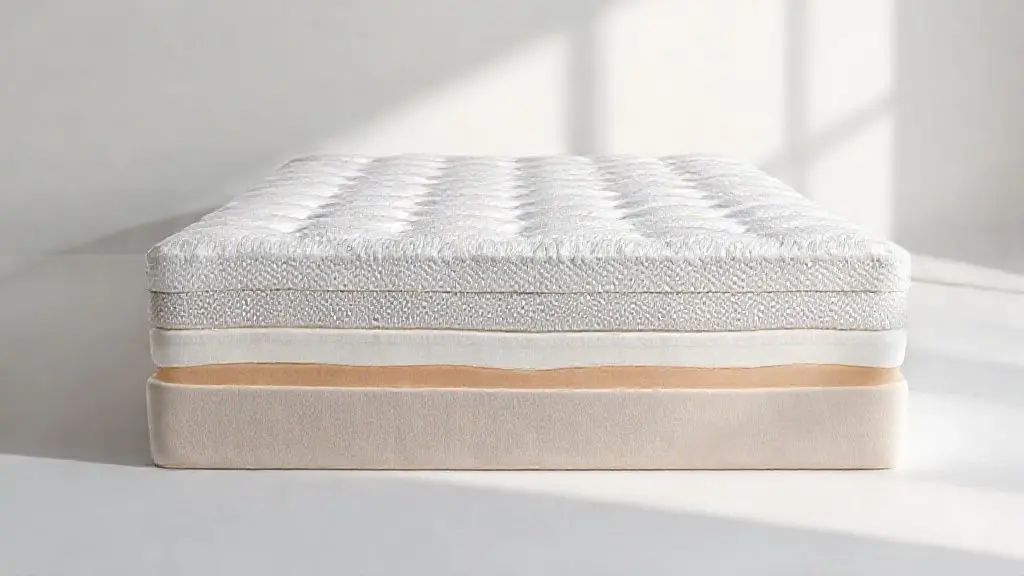 Amostra em corte de colchão mostrando camadas de espuma com diferentes densidades em fundo neutro
