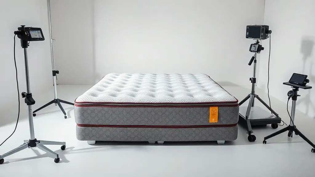 Colchão sendo analisado profissionalmente com ferramentas de medição precisas em estúdio, destacando texturas e detalhes da espuma