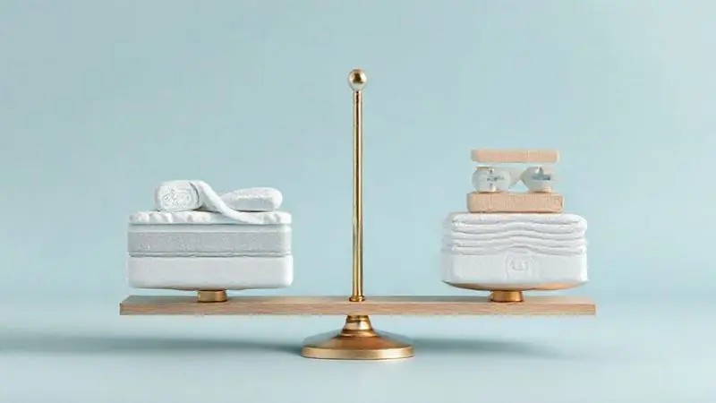 Ilustração conceitual de balança representando análise de vantagens e desvantagens de colchões