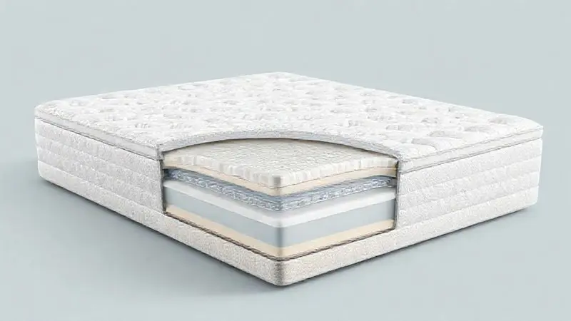 Visão em corte de camadas internas de colchão premium mostrando estrutura e materiais