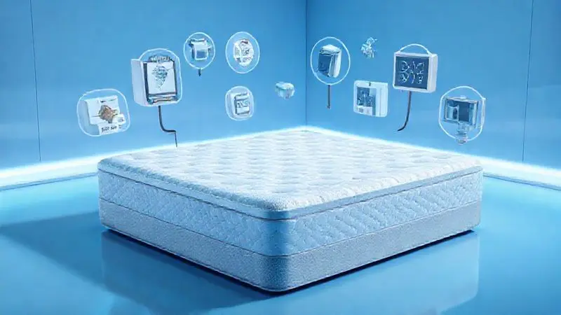 Representação conceitual de ferramentas de análise flutuando ao redor de forma abstrata de colchão em laboratório científico