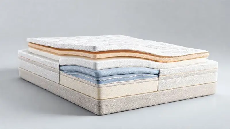 Ilustração conceitual em corte transversal mostrando camadas internas de colchão ortopédico