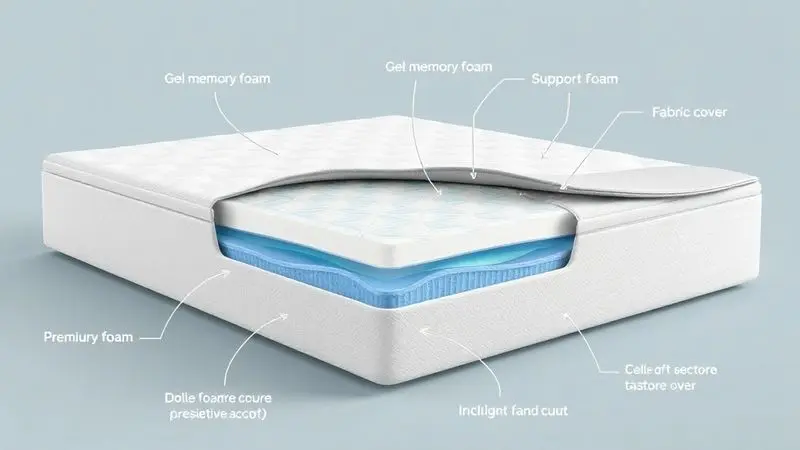 Visão conceitual em corte das camadas internas de um colchão premium de gel