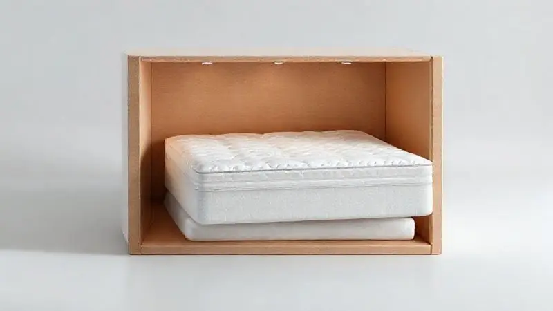 Conceito visual de compressão de colchão para embalagem compacta em caixa, ilustração 3D artística.