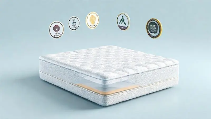 Visão conceitual em corte de colchão com símbolos de certificação flutuantes e estrutura interna transparente