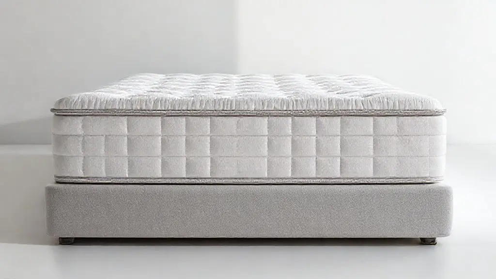 Colchão premium em fotografia profissional destacando textura elegante e detalhes de costura em fundo neutro minimalista