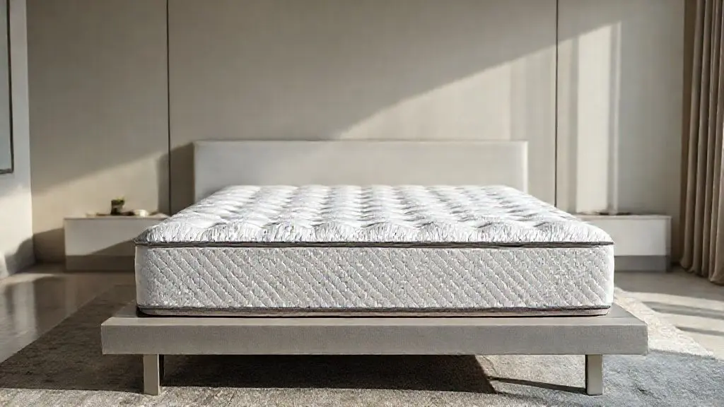 Colchão premium em cena profissional de estúdio com iluminação suave destacando texturas e detalhes construtivos