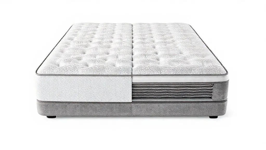 Comparação visual de colchão de mola e espuma lado a lado, com detalhes de textura e materiais em fundo branco.