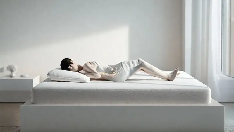 Ilustração conceitual mostrando alinhamento ortopédico durante o sono com suporte adequado para a coluna