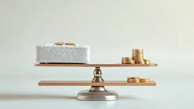 Ilustração conceitual mostrando balança entre colchão e moedas representando custo-benefício