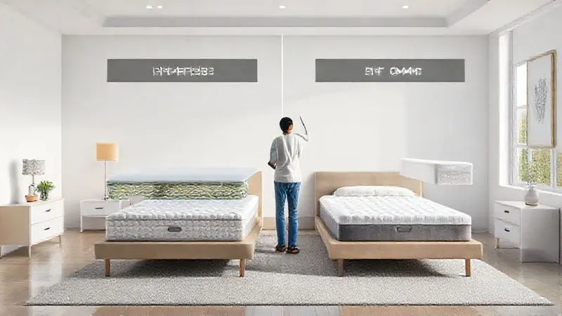 Conceito visual de pessoa escolhendo colchão de solteiro com comparação de tipos e estruturas