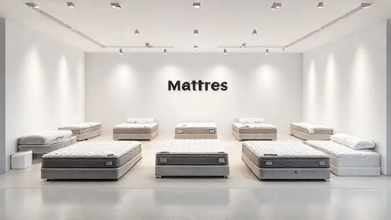 Conceito visual de uma linha de colchões em ambiente moderno, representando diversidade de modelos e estilos.