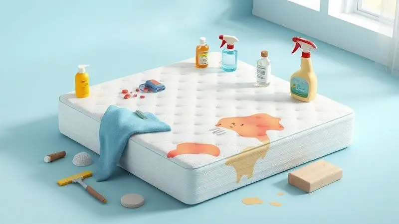 Conceito de remoção de manchas do colchão com produtos de limpeza e ferramentas organizados artisticamente