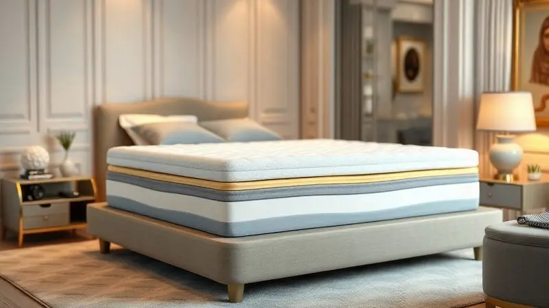 Ilustração conceitual da construção em camadas de um colchão premium em ambiente de quarto