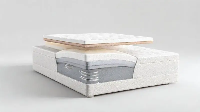 Diagrama conceitual de colchão híbrido mostrando combinação de espumas e sistema de molas.
