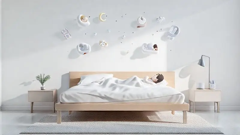 Cena conceitual de melhoria do sono com posições estilizadas e símbolos de relaxamento sobre configuração minimalista