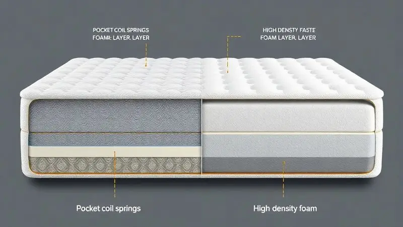 Ilustração técnica em corte mostrando diferenças entre molas ensacadas e espumas de alta densidade.